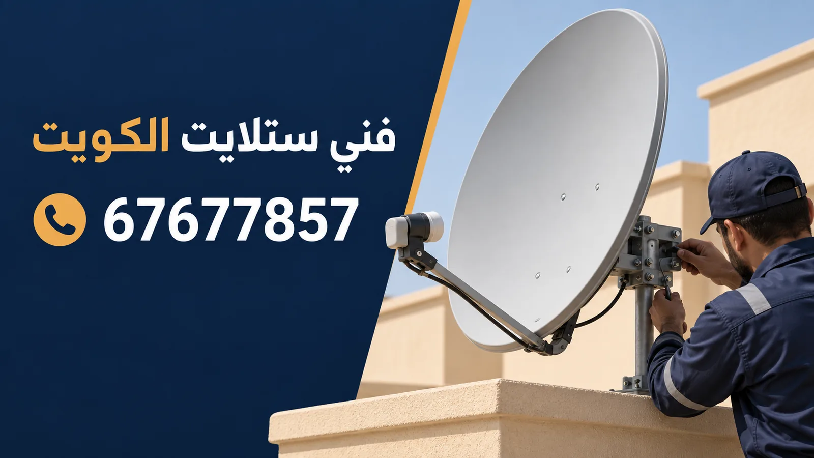 فني ستلايت أثناء تركيب وضبط طبق استقبال فضائي في الكويت